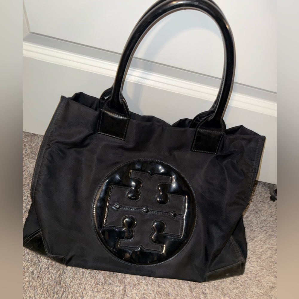 Ella Patent Black Tote Bag with Logo